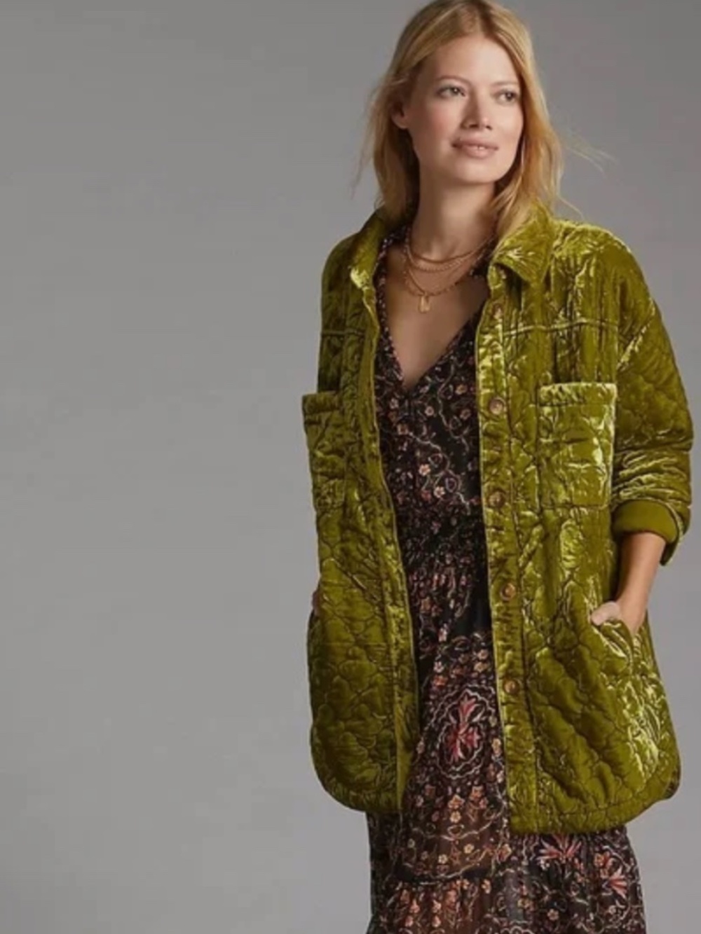NWT Anthropologie Chartreuse Green Quilted Velvet Shirt Jacket, Size Medium